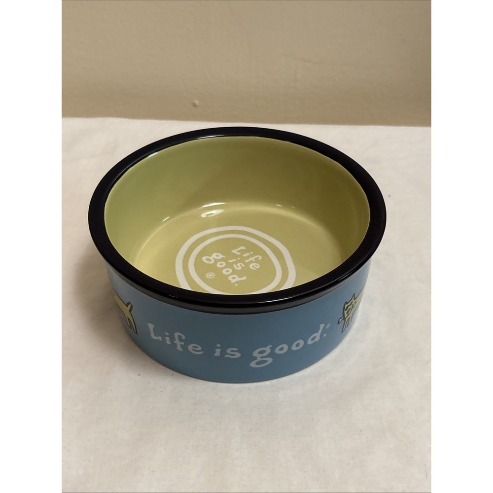 Life is Good Dog Cat Bowl Ceramic Green Blue Jake Dog Logo 6in Pet Food Dish